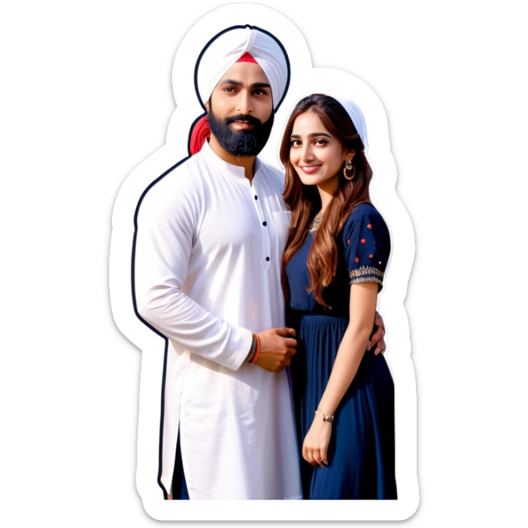 Punjabi men in white turban girl next to him, girl is very beautiful with long brown hair and white skin wearing beautiful dress sticker