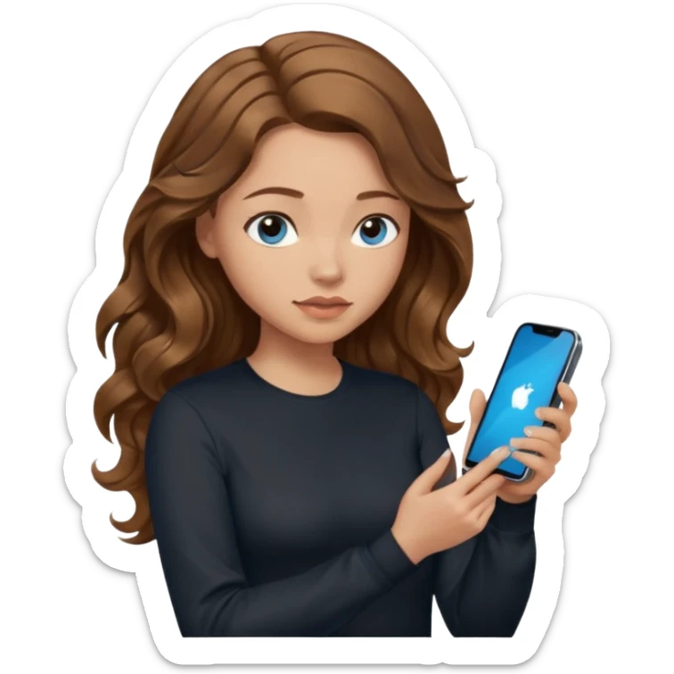 generate a pretty woman with blue eyes, light skin and medium brown long wavyshiny hair holding a phone she is looking at the phone while looking down at the screen. she is wearing an ALL black long sleeve sticker