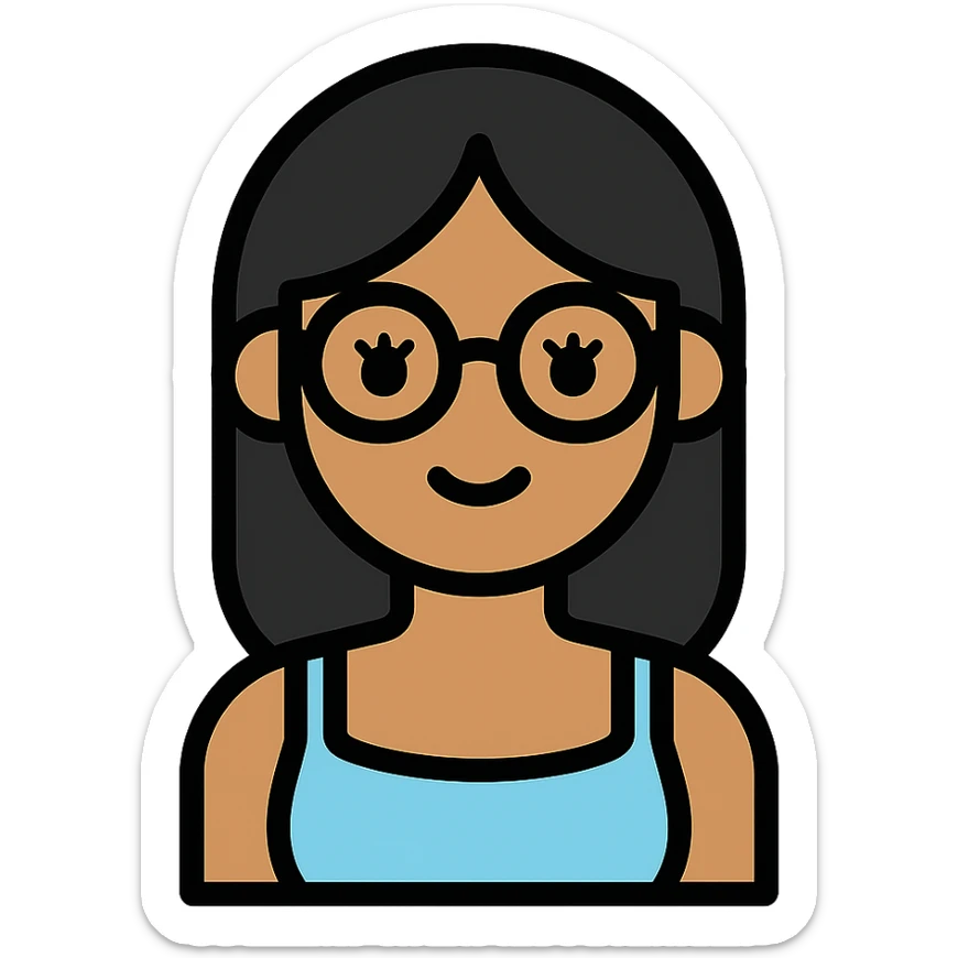 light brown girl with long eyelashes, black medium hair, clear glasses, cute light blue tank top with spaghetti straps, lineal color icon with black outlines sticker