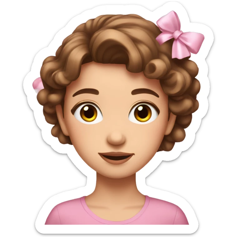 A cute young woman with brown hair and many small pink bows and sparkles around her sticker