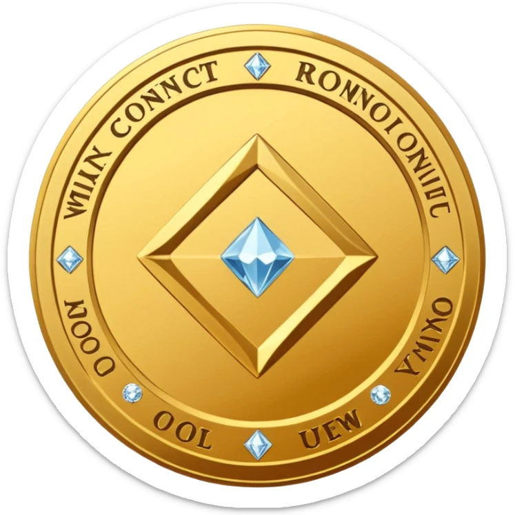 Create a high-quality 3D render of a shiny yellow/gold coin. In the center of the coin, place a diamond-shaped logo (“wajik”). Around the logo, engrave the text “Rusoconnect Network” in a circular layout. sticker