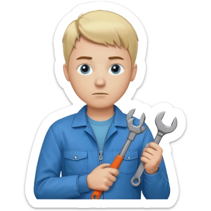Calm and independent male technician, fair skin, short blonde hair, cool light-blue eyes, serious but composed expression, wearing a blue work jacket over a grey t-shirt, holding a wrench in one hand and a mechanical gear in the other, waist-up, front-facing sticker