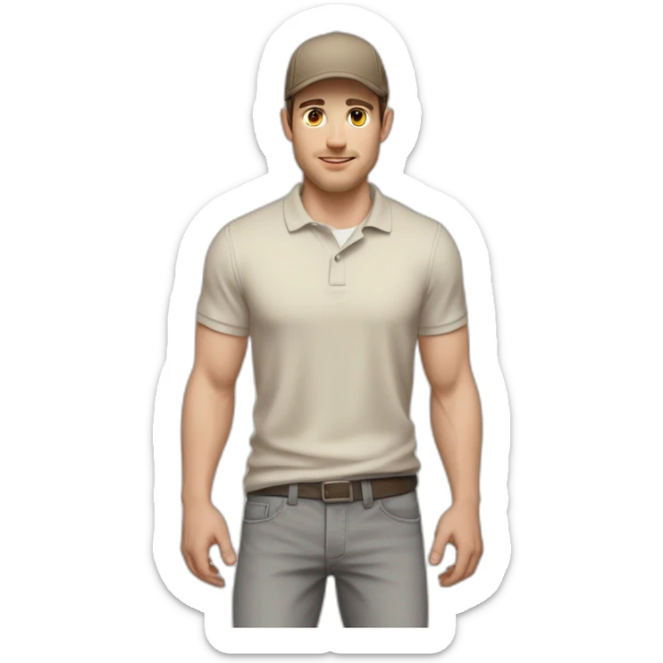 Pale skinned fit Man with dark brown hair in a beige cap, gray jeans, brown polo and white T-shirt keeping a pasted with tape white box into his hands sticker