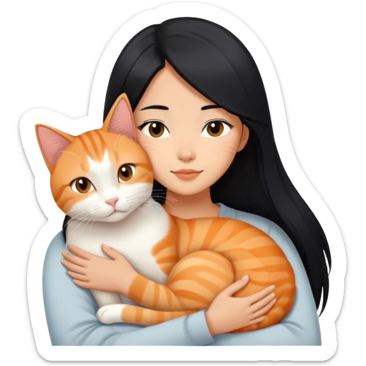 Young Asian woman with long straight black hair cuddling a white and orange tabby cat, gentle embrace, affectionate pose sticker