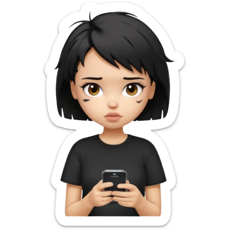 generate a pretty bratz girl with short black very messy hair, looking tired and using her phone, wearing an oversized black tshirt sticker