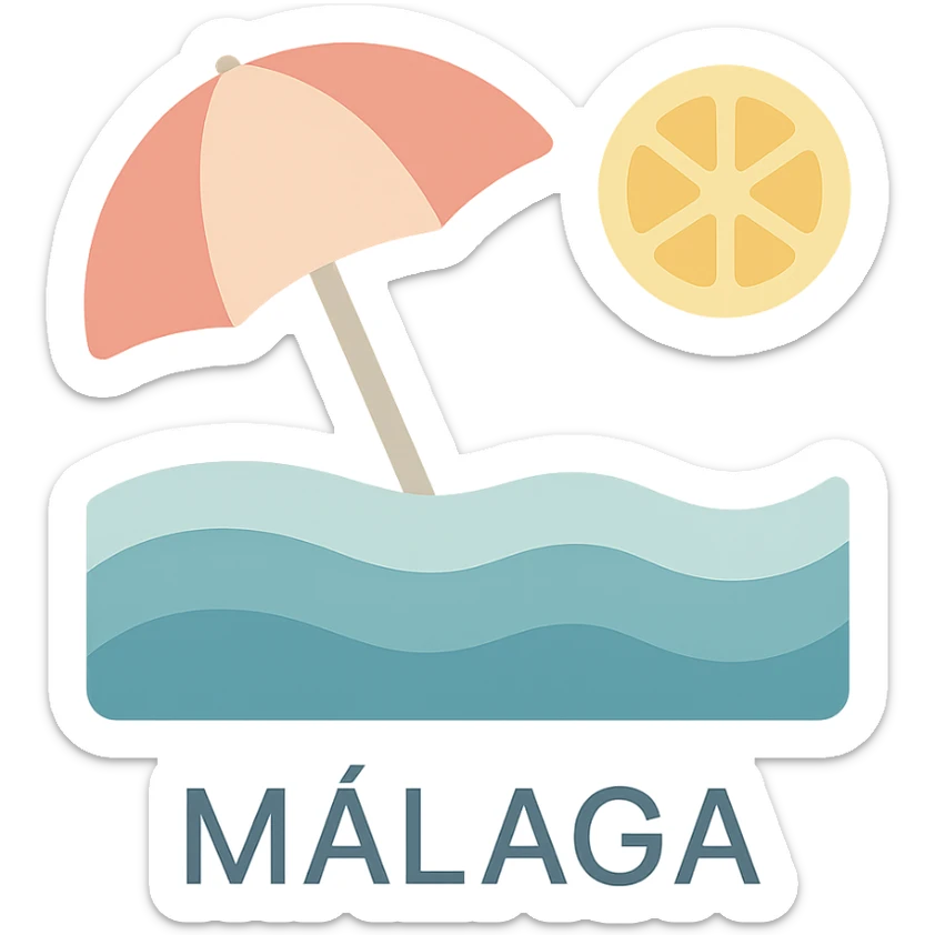icon of Málaga showing a beach umbrella, waves, and a lemon slice, playful colorful icon style sticker