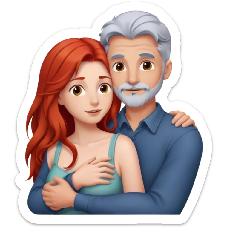 Long red hair woman and young gray hair man with facial hair hugging sticker