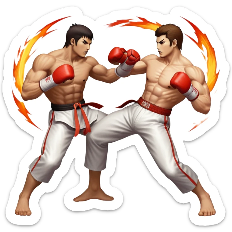 An icon showing two fighters in an intense battle, inspired by Tekken. The design features dynamic poses, with powerful punches and kicks, and a vibrant action-packed background. Health bars are visible at the bottom, showing each player’s status. Transparent background. sticker
