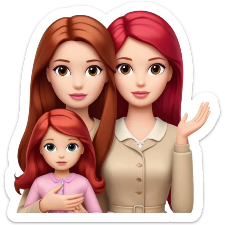 A barbie girl with makeup with dark brown hair long with a baby, a daughter, a girl with red hair, holding her hand in beige clothes sticker