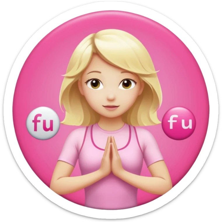 angelic blonde girl in light pink yoga outfit pushing "F U C K" pink button  sticker