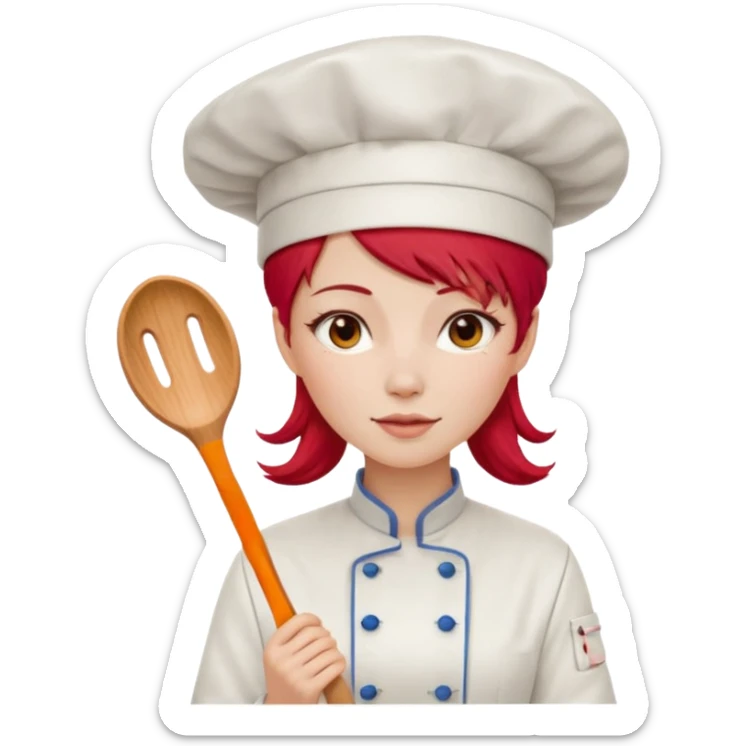 A woman with red Chinese hair and a chef's outfit, chef's hat and a wooden spoon sticker