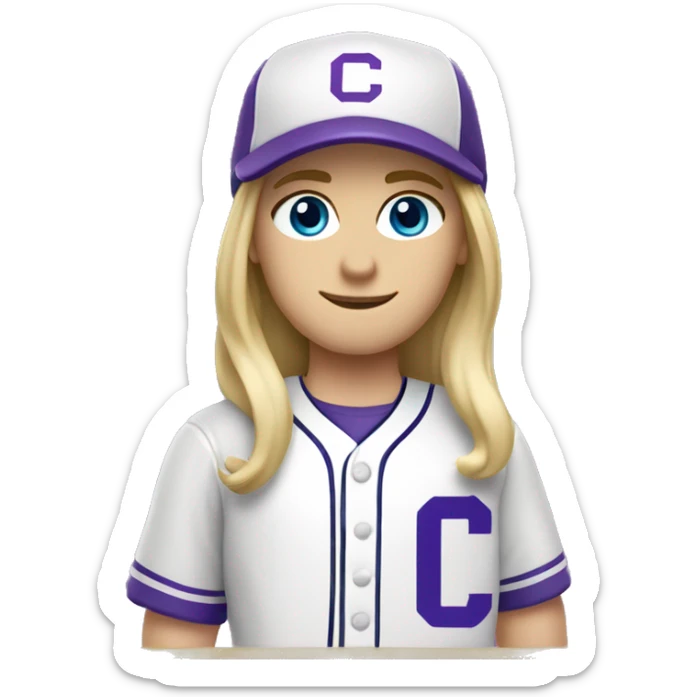baseball card character. Blonde long straight hair. blue eyes.  letter C logo. Purple and white uniform.  sticker