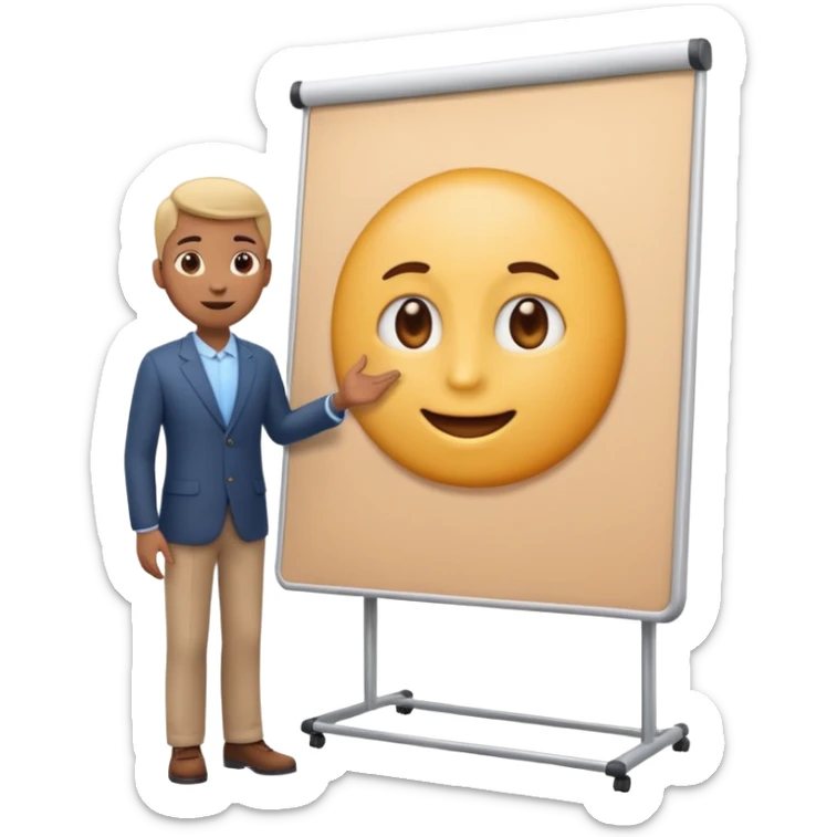 A clean emoji-style illustration of a person giving a presentation, standing next to a large presentation board on a stand, the board is oversized and clearly visible, no podium, no desk, no table, friendly proportions, soft 3D emoji style sticker