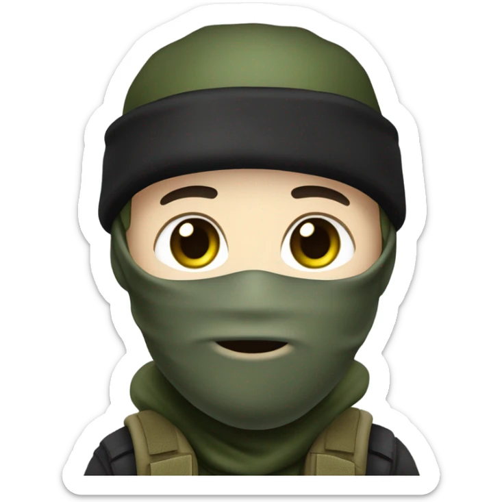 male, tall, white skin, black mask, green camo tactical gear, combat boots, black beanie, hazel eyes sticker