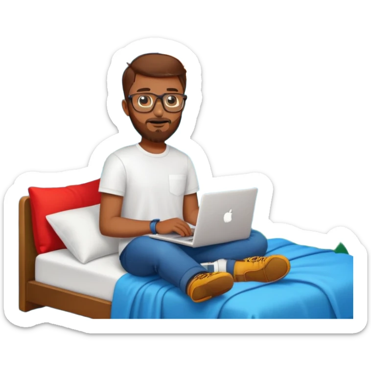 young man with short brown hair, gold-rimmed glasses, beard, white t-shirt, holding a red book, surrounded by polished emoji icons: orange bike, laptop, hiking boot, climbing wall, bed with blue blanket and moon-and-stars, green tree sticker
