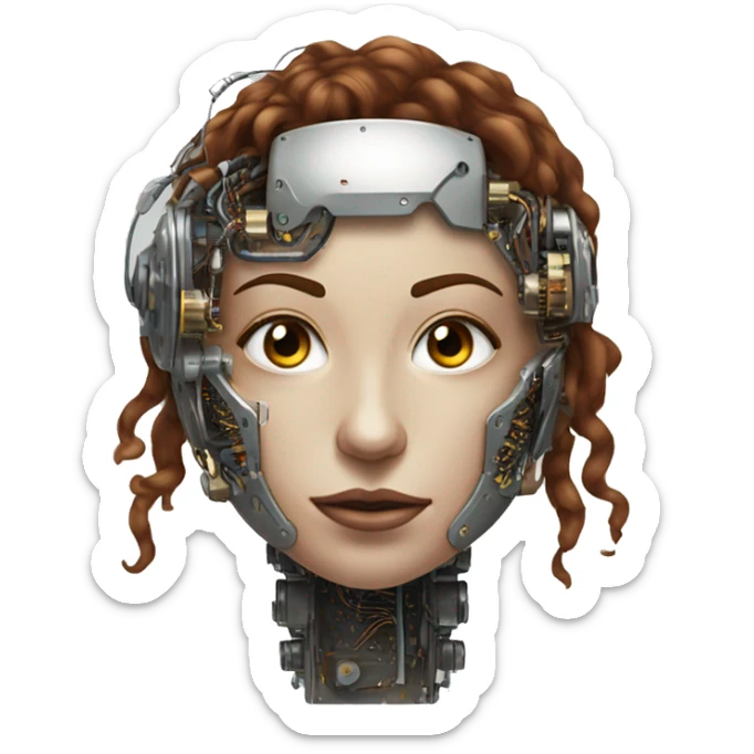 metal female cyborg head with brown curly hair and circuitry sticker
