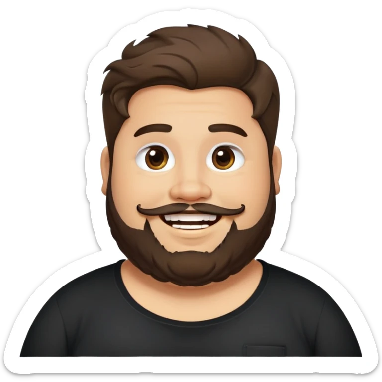 Joven obese, barba, long hair pelo largo, pelo largo, cuerpo grande, latino piel canela, cara redonda-ancha, scruff sin barba completa, cejas gruesas, pelo oscuro ondulado flat largo hasta el cuello. Sonrisa amplia, expresión alegre. Camisa negra. Size large.  sticker