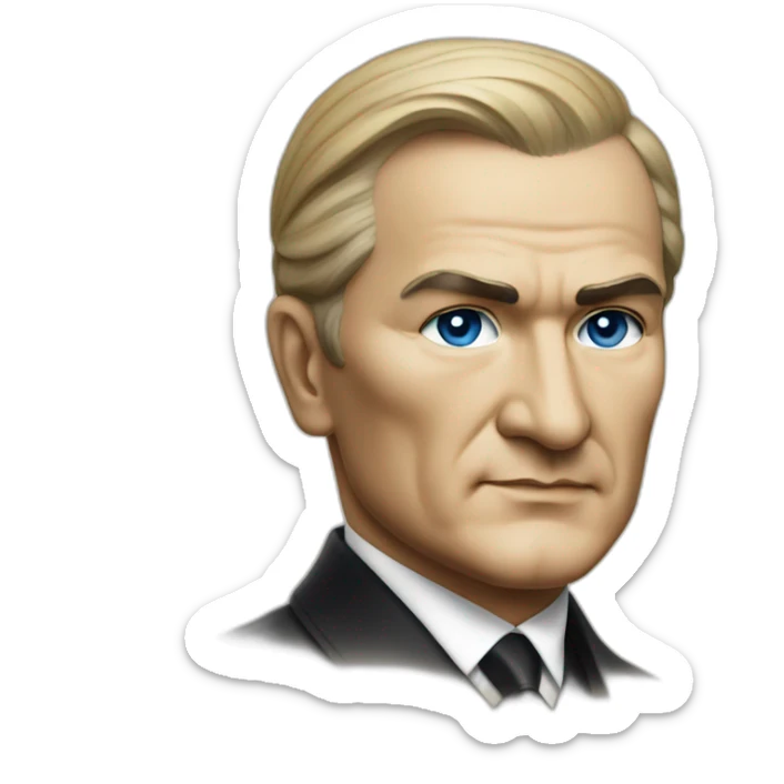 a portrait of mustafa kemal ataturk with blonde hair and blue eyes looking at turkey flag sticker