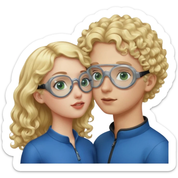 Tall curly blonde girl blue eyes pale kissing bald boy with green eyes and goggles sticker