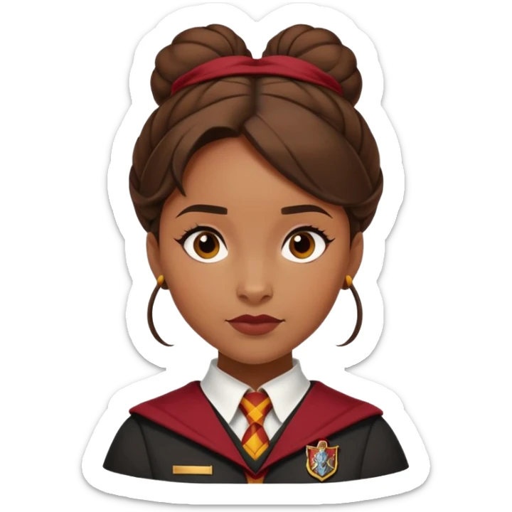 Angelina Johnson in harry potter, wear hogwarts gryfindor uniform,  thick, brown bun hair , reflecting her bold, stylish, and strong personality sticker