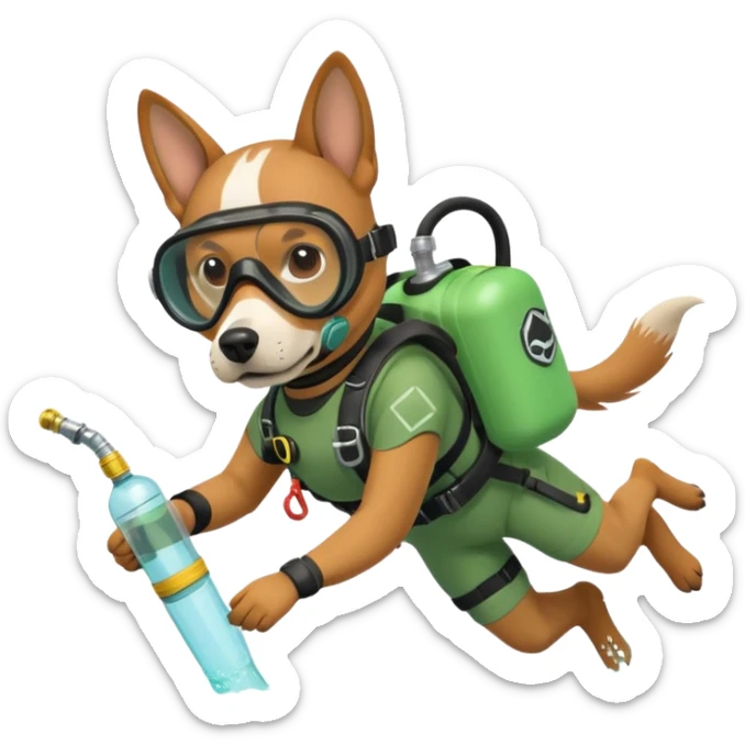dog wearing scuba green gear dive into the sea with diver mask and oxygen tank sticker