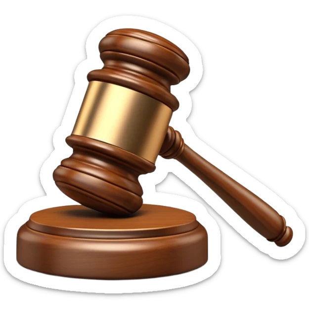 An emoji representing justice and penalty. A wooden judge's gavel striking a sound block, symbolizing a legal decision or punishment. The design is simple, 3D, and slightly glossy, resembling official court decisions sticker