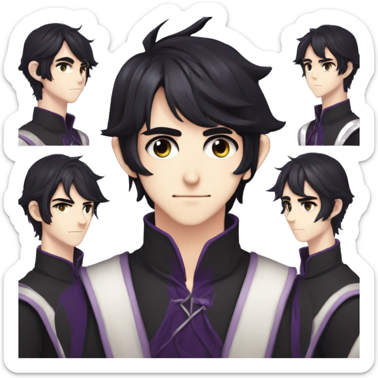 Anime boy, semi realism, ledium flowy messy black hair past eyes, narrow eyes, hair between eyes, dark purple eye color, long elf ears, long face, handsome, tall sticker