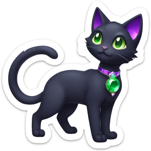 Shiny, Sparkly, Black Dark-type-Fakémon-Cat Purple eyes, green gem, full body sticker