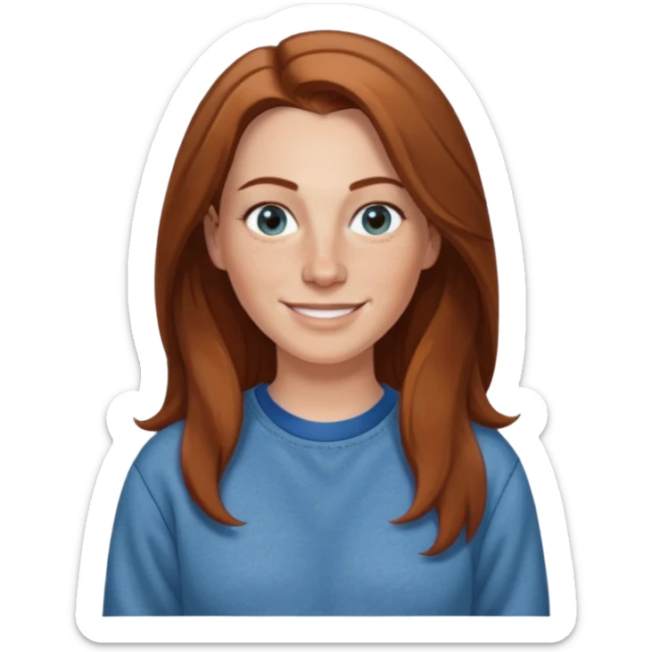 A 38 year old white woman with long brown hair parted in the middle. She has a nose ring. She has freckles and is wearing a sweatshirt and jeans smiling sticker