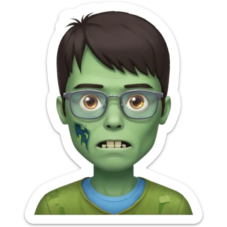 an emoji of a male green zombie with dark brown hair and female bangs that cover your entire forehead and extend to your eyebrows, wearing square, bluish glasses. sticker