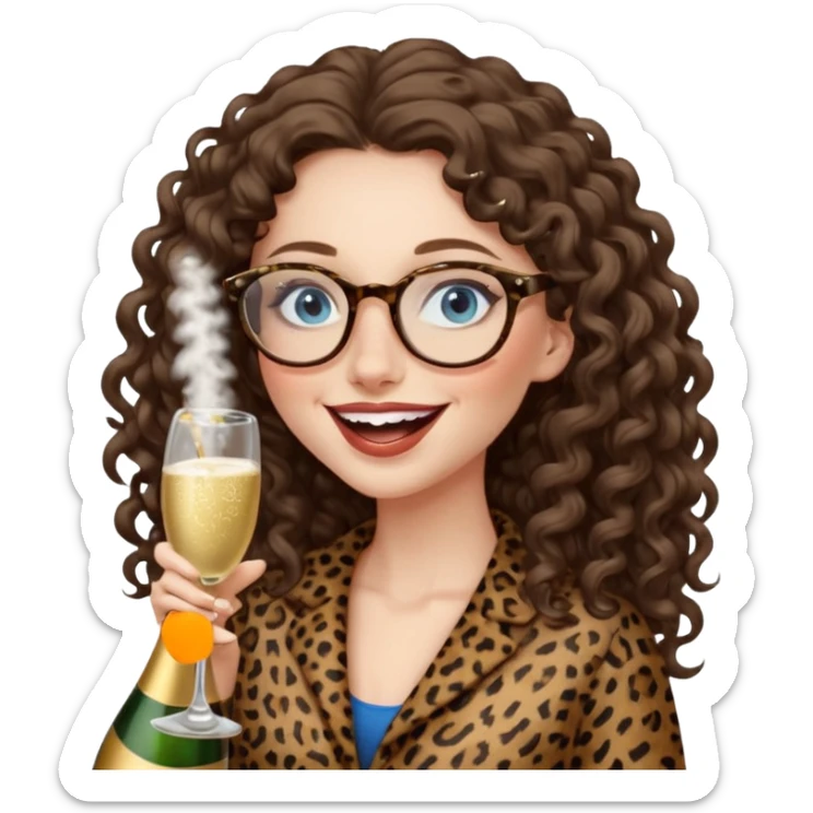 a blue eyed woman with very long brunette curly hair, full lips,and really pale skin. She is wearing a leopard printed thin round-ish glasses . She is wearing fully brown clothes. She is celebration sth with a bottle of champagne and laughing sticker