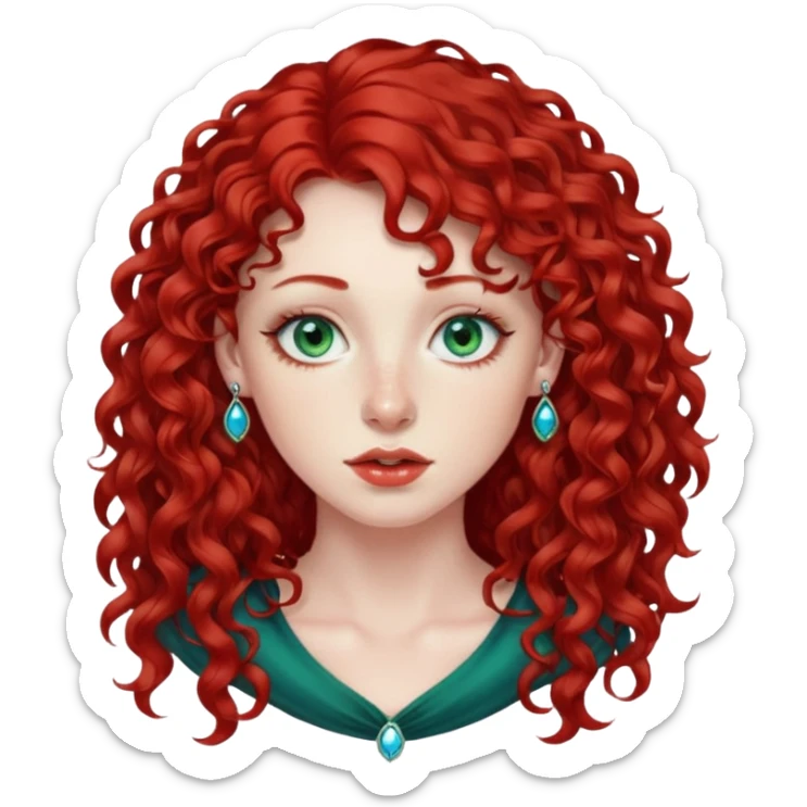 Red curly long hair with side fringe woman, pale skin, green/blue eyes, lower right lip piercing stud, nostril nose stud sticker