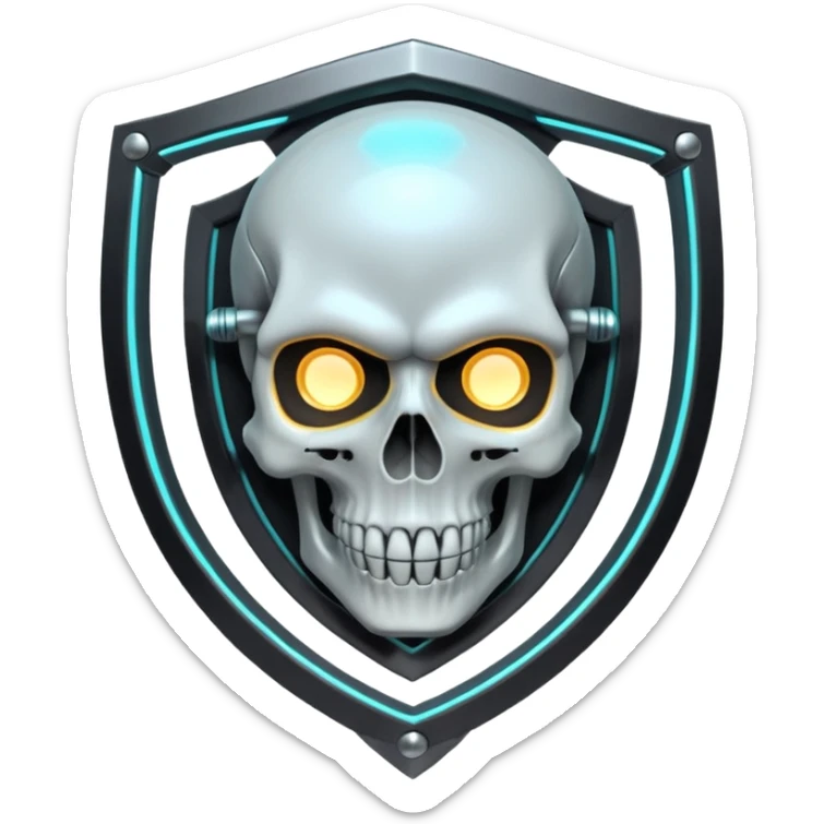 Futuristic shield badge, metallic tubes entwined, skull center, dark anime 90s style, no background sticker