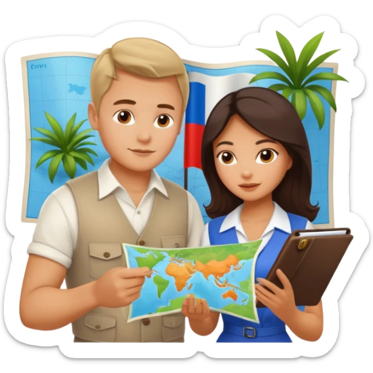 Russian man and elegant Latina girl in cute outfits with a map planning plants sticker