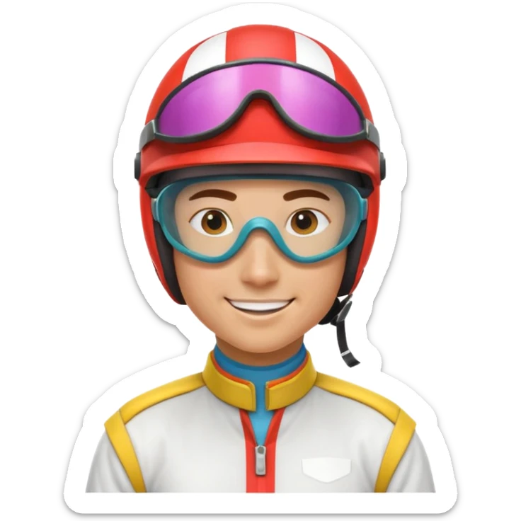 horse race jockey portrait, head and shoulders only, wearing colorful racing helmet and goggles, sporty uniform collar, confident smile, 3D cartoon, mobile game icon style, clean background, no text, no watermark
 sticker