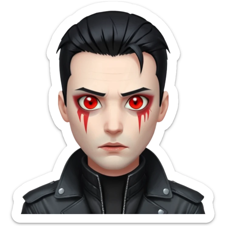 Cyberpunk man, slicked hair, silver metal jaw prosthetic, glowing red eyes, cold expression, clinical lighting sticker