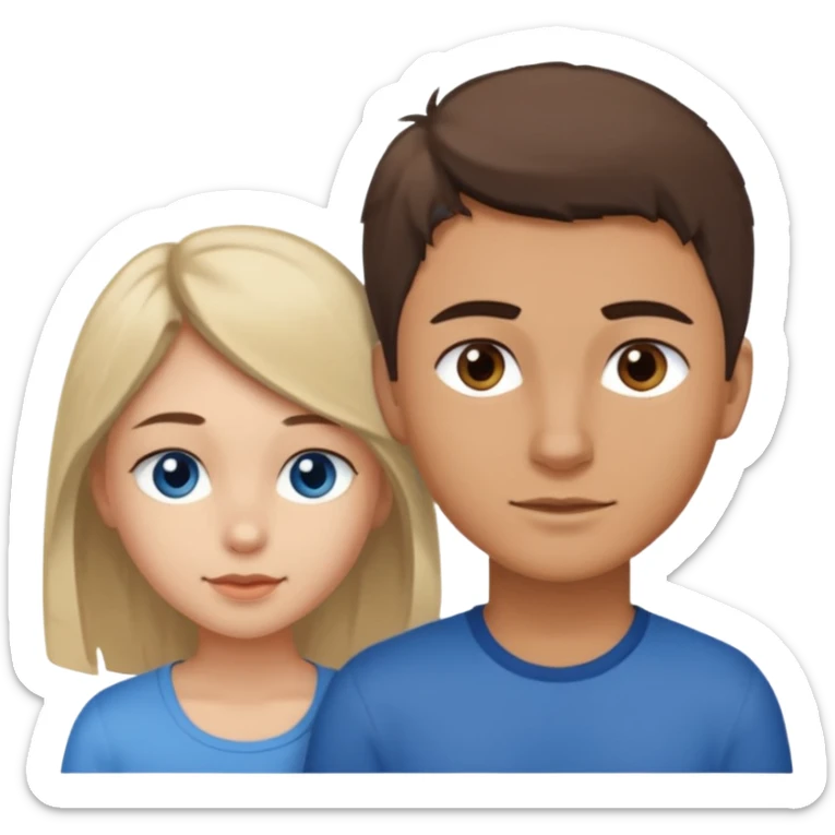 Una pareja heterosexual. La chica de piel blanca pero bronceada (española), pelo al estilo wolfcut castaño oscuro, ojos marrones. El chico de piel blanca, ojos azules y pelo castaño claro, tirando para rubio oscuro. sticker