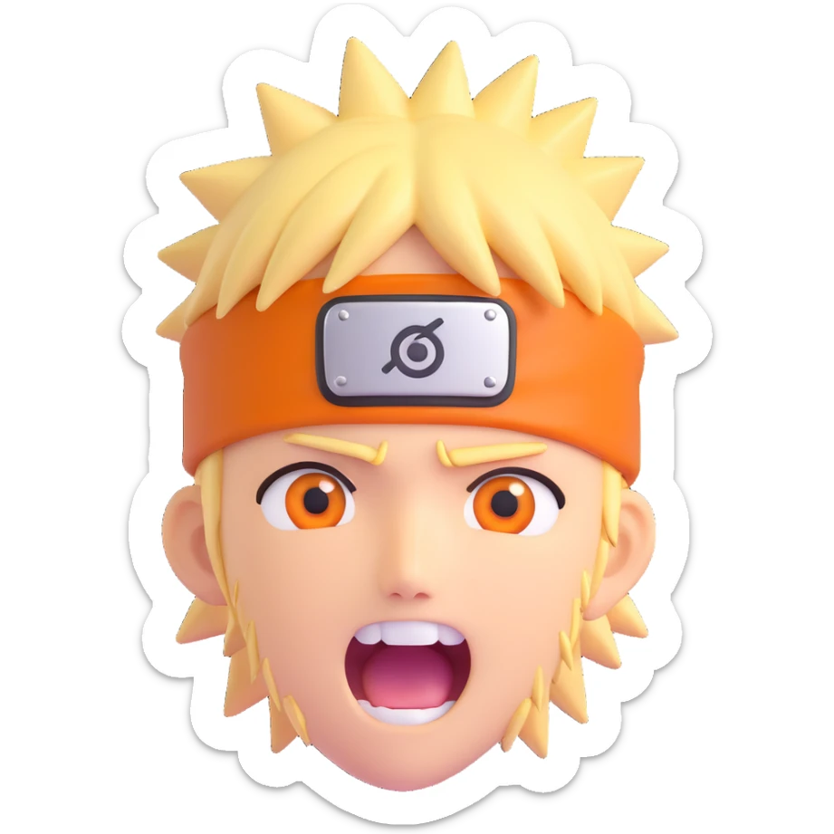 shocked Naruto with spiky blond hair, wide eyes, mouth open, orange headband, anime style, 3D iOS emoji style sticker