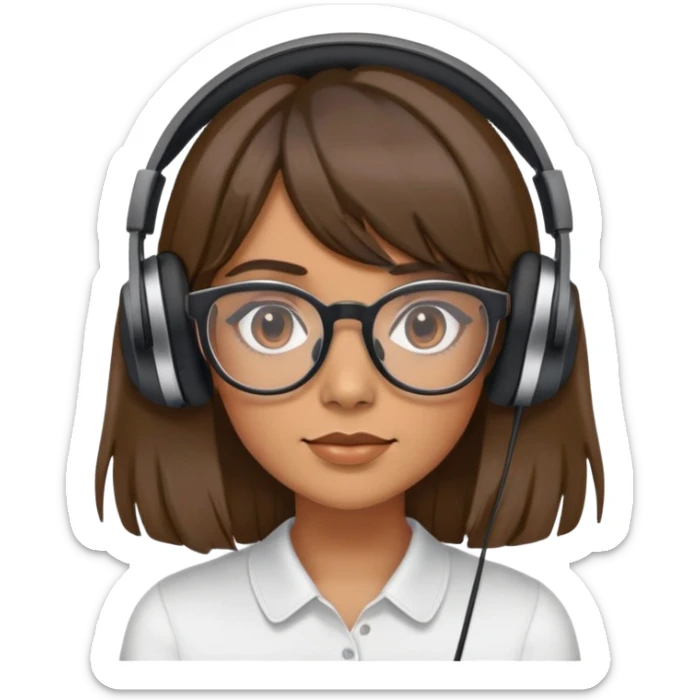 Woman with balayaged brown hair and curtain bangs and her glasses on with headphones sticker