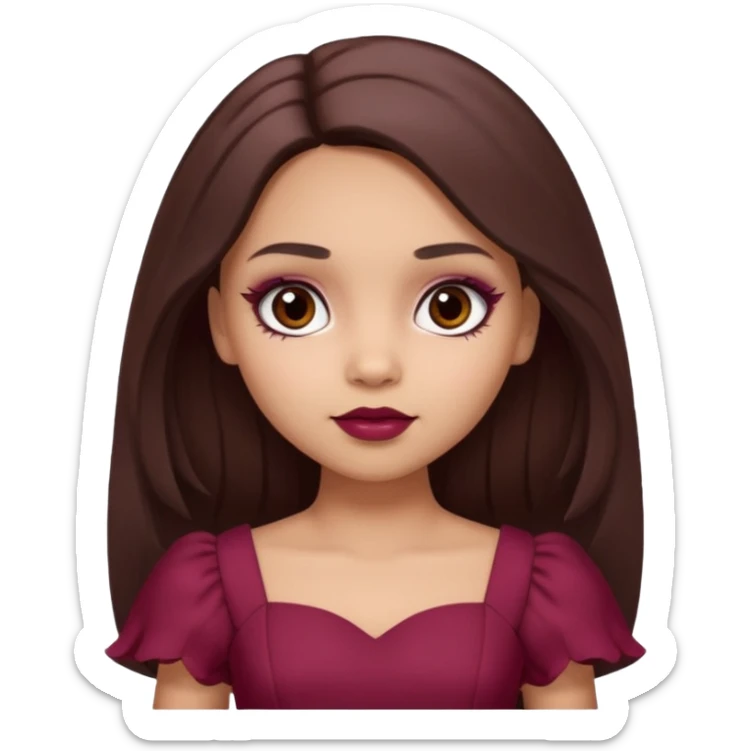 a light skin girl with long brunette hair. with dark brown eyes and slightly slanted. wear a doll like make-up with maroon dress.  sticker
