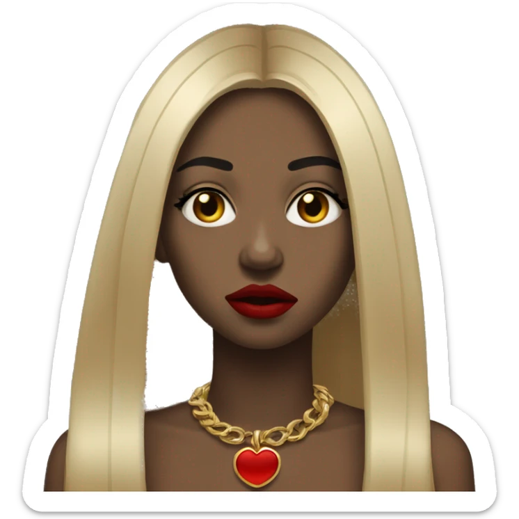Sad Black girl with long black straight hair and red lipstick with gold hoop earrings and and a gold necklace  sticker