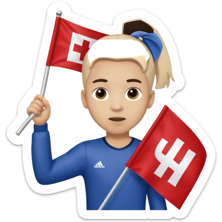 A pony tail hair boy holding a big team flag, waving it proudly with a determined expression. sticker