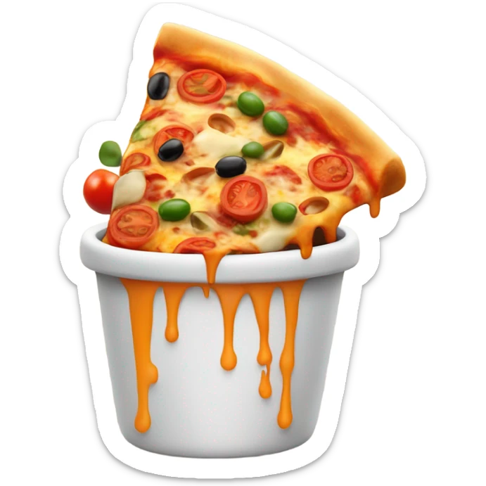 A cartoon-style Kulhad Pizza logo with a clay cup filled with gooey, cheesy pizza toppings like olives, bell peppers, and tomatoes. Cheese is melting over the edges, and light steam rises for a fresh, baked effect. Clean, modern, and playful look. sticker