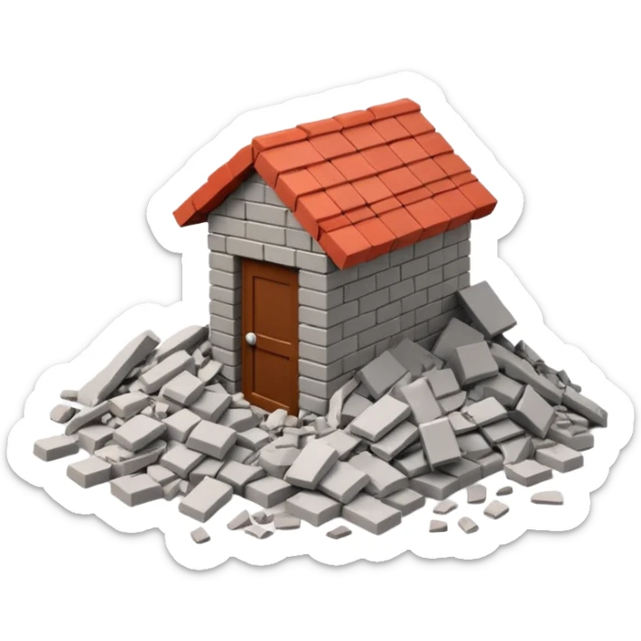 3D iPhone style emoji of a pile of bricks, roof pieces, and wall rubble, scattered and broken, isolated on white background, soft shadows, high detail, playful and cute sticker