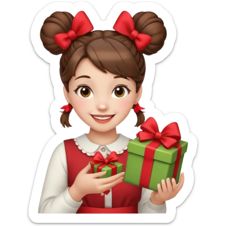 A cheerful young girl with brown hair styled in two playful buns adorned with red bows is winking and smiling.  In her hands, she holds a small decorated  sticker