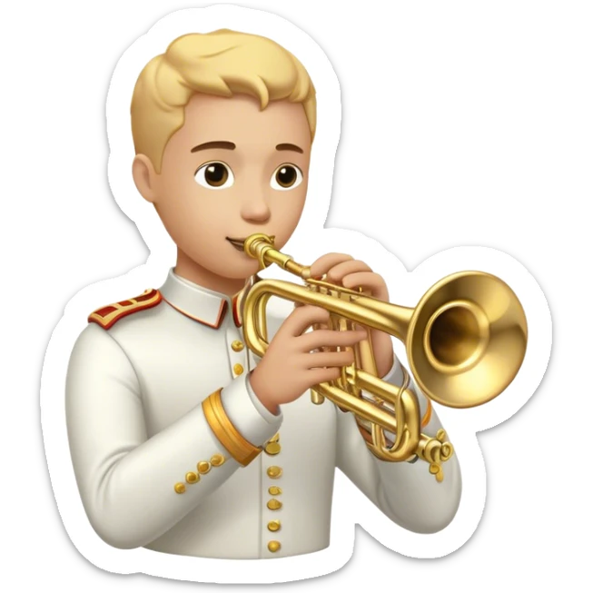 Cinematic Realistic Trumpet, polished brass with warm golden reflections, intricate valve details subtly highlighted, soft hands pressing the keys, glowing with bold and triumphant musical energy. sticker