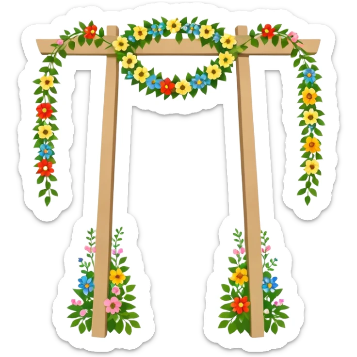 midsommarstång (Swedish maypole) decorated with green leaves and colorful flowers, standing upright with two floral wreaths hanging from the crossbar, festive and cheerful, clean modern illustration style sticker