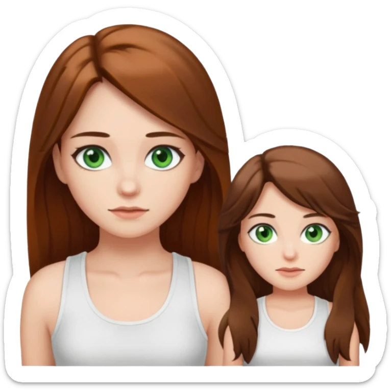 A girl with long brown hair, green eyes, and a white tank top; she doesn't have bangs. sticker