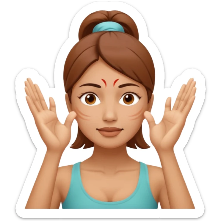 Minimal emoji of a woman performing face yoga, both hands placed on the face, fingers pressing and lifting facial muscles, clear hand-on-face exercise movement, simple wellness icon style, no beauty or medical elements

 sticker