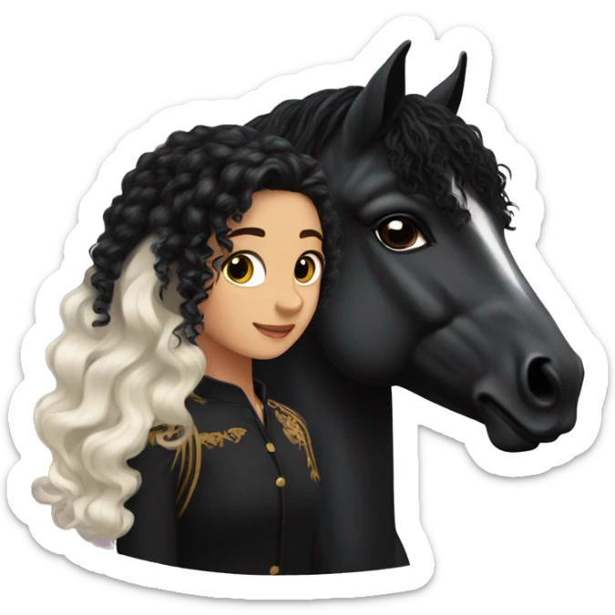 White girl, long black curly hair, next to a black spanish horse sticker